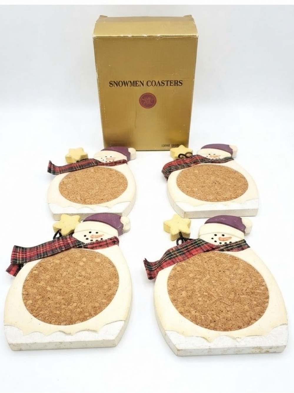 Snowmen Coaster Set (4) Plaid Scarves - Snowmen Design -Holiday-Christmas